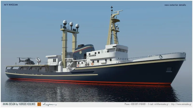 Khozam Yacht Photos Pics Expedition ship "SCHICHAU UNTERWESER AG, BREMERHAVEN" 1974, modern design, on calm water.