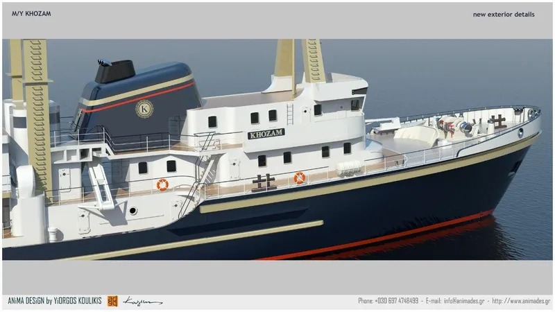 Khozam Yacht Photos Pics Expedition ship "Khozam" with modern exterior design, SCHICHAU UNTERWESER AG, 1974 model.