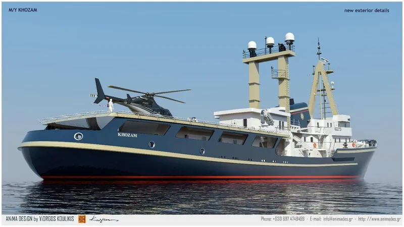 Khozam Yacht Photos Pics Expedition ship with helicopter on deck, SCHICHAU UNTERWESER AG, 1974 model, on calm water.