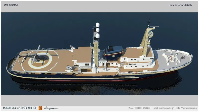 Khozam Yacht Photos Pics Expedition ship "SCHICHAU UNTERWESER AG, BREMERHAVEN" 1974 model with helipad and modern design.