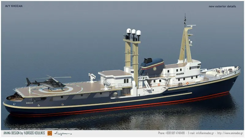 Khozam Yacht Photos Pics Expedition ship with helicopter on deck, SCHICHAU UNTERWESER AG model, 1974, in calm waters.