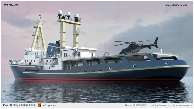 Khozam Yacht Photos Pics Expedition ship with helicopter on deck, SCHICHAU UNTERWESER AG, 1974 model, on calm water.