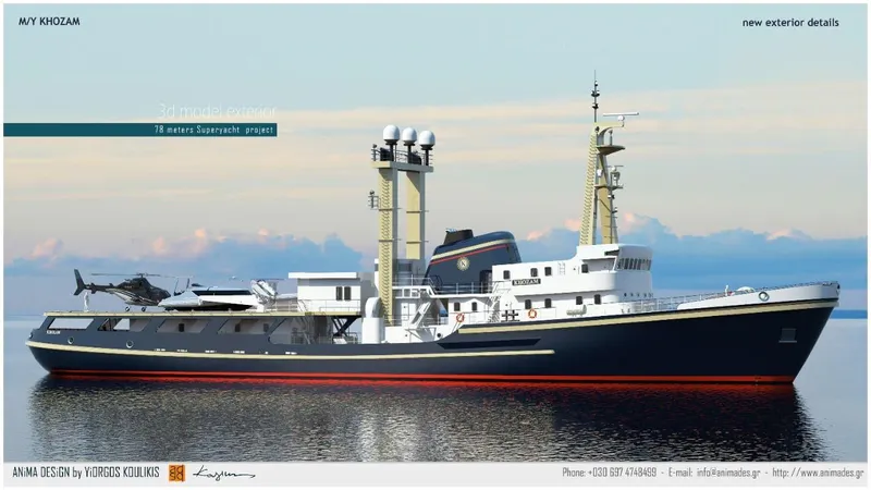 Khozam Yacht Photos Pics Expedition ship "MV Khozam" with helicopter, designed by Nereids Yachts, 1974 model.