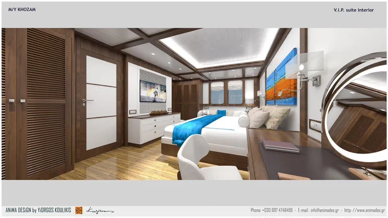 Khozam Yacht Photos Pics Luxurious yacht interior with modern design, featuring wooden accents and vibrant blue decor.