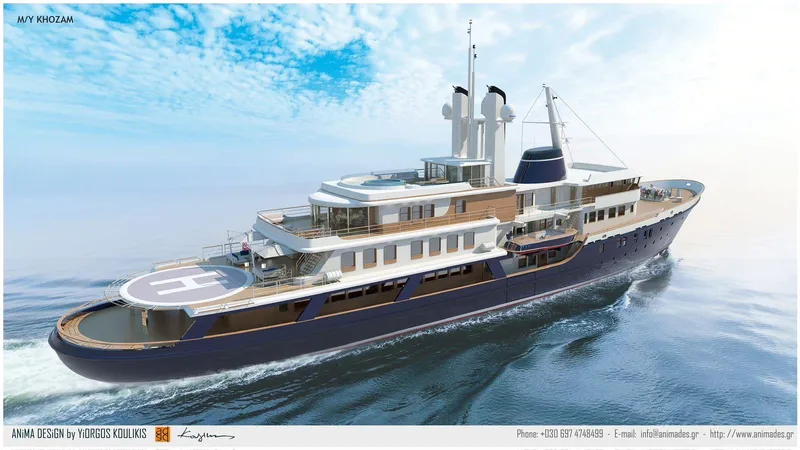 Khozam Yacht Photos Pics Luxurious 1974 Expedition yacht cruising on open water, featuring a helipad and modern design.