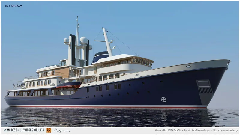 Khozam Yacht Photos Pics Expedition yacht "SCHICHAU UNTERWESER AG, BREMERHAVEN" 1974, sleek design, calm waters.