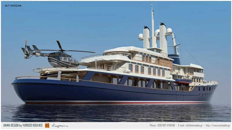 Khozam Yacht Photos Pics Luxurious expedition yacht with helicopter, SCHICHAU UNTERWESER AG, 1974 model, on calm sea.