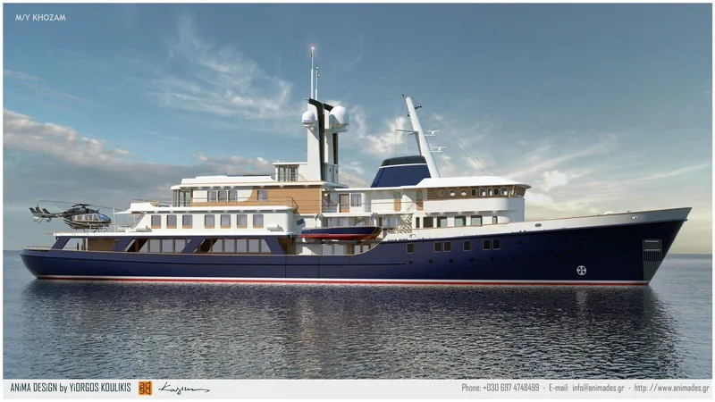 Khozam Yacht Photos Pics Expedition yacht "SCHICHAU UNTERWESER AG, BREMERHAVEN" 1974, with helicopter on deck, at sea.