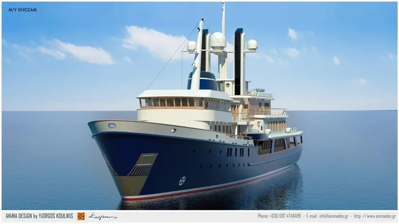 Khozam Yacht Photos Pics Expedition ship "SCHICHAU UNTERWESER AG, BREMERHAVEN" (1974) sailing on calm waters under blue sky.