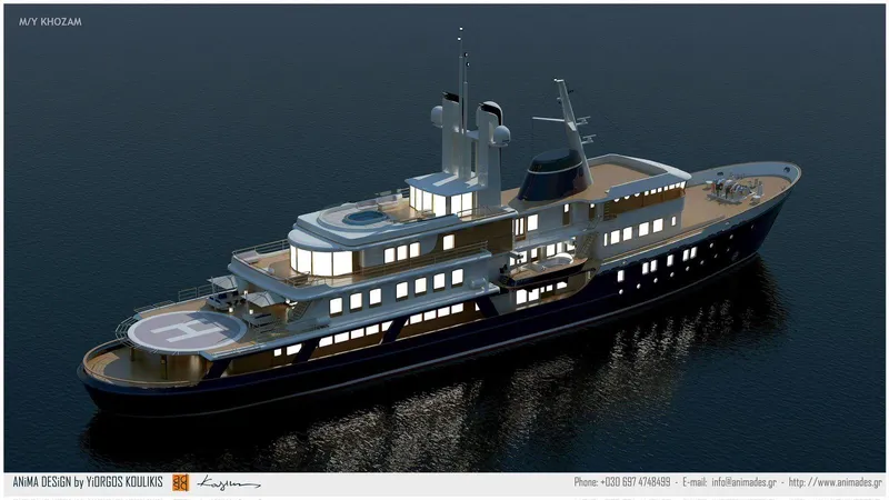 Khozam Yacht Photos Pics Luxurious 1974 Expedition yacht with helipad, illuminated on calm waters at night.