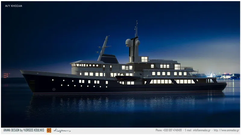 Khozam Yacht Photos Pics Luxurious 1974 Expedition yacht by SCHICHAU UNTERWESER AG, BREMERHAVEN, illuminated at night on calm waters.