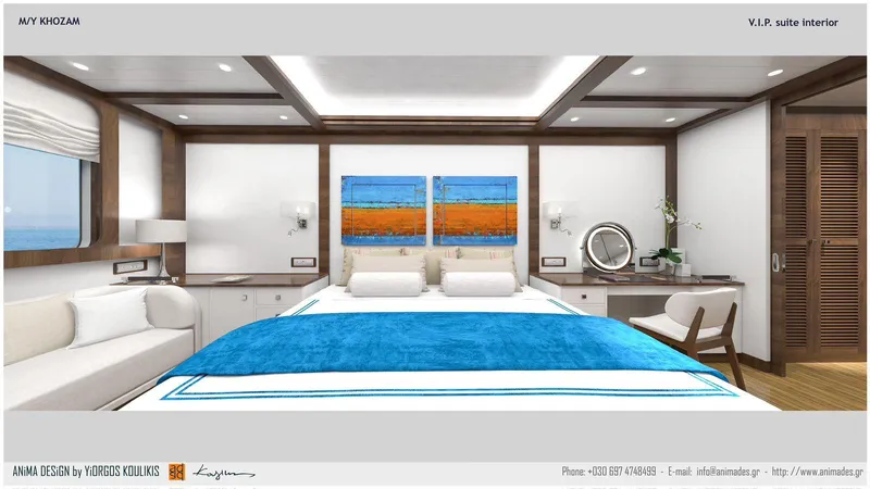 Khozam Yacht Photos Pics Luxurious yacht bedroom with modern decor, blue accents, and elegant wood finishes.