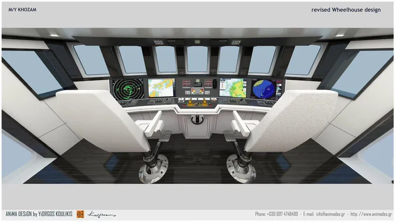 Khozam Yacht Photos Pics Modern ship wheelhouse design with advanced navigation systems and dual captain chairs.