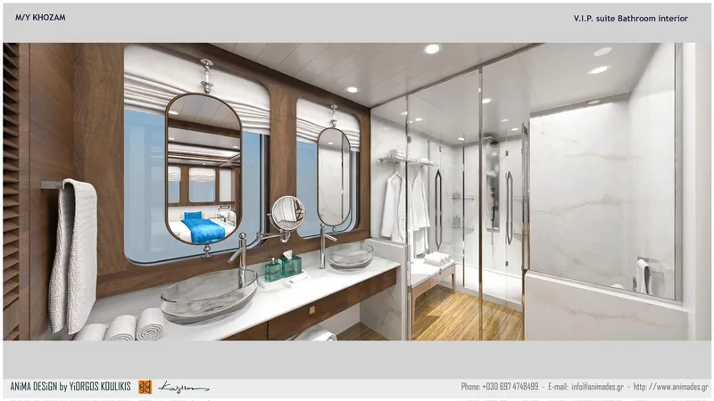 Khozam Yacht Photos Pics Luxurious yacht bathroom interior with dual sinks, mirrors, and modern design elements.
