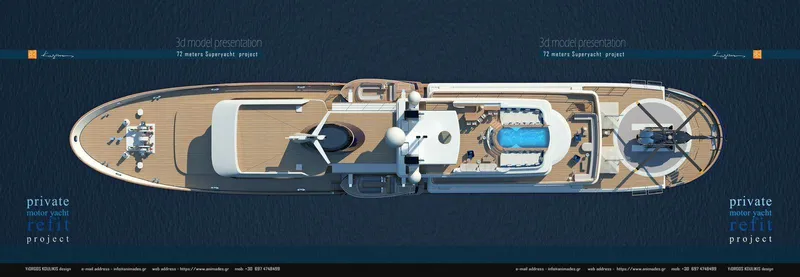 Khozam Yacht Photos Pics Top view of 1974 Expedition yacht, SCHICHAU UNTERWESER AG, featuring deck and pool.