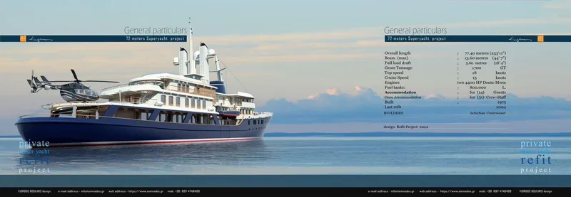 Khozam Yacht Photos Pics Luxurious 1974 Expedition yacht with helicopter, calm sea, and clear sky background.