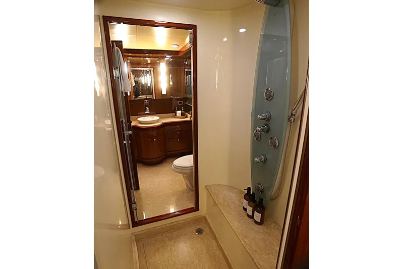 Robin's Nest Yacht Photos Pics Luxurious bathroom in 2008 Ocean Alexander 100 Skylounge Megayacht with modern shower and elegant fixtures.