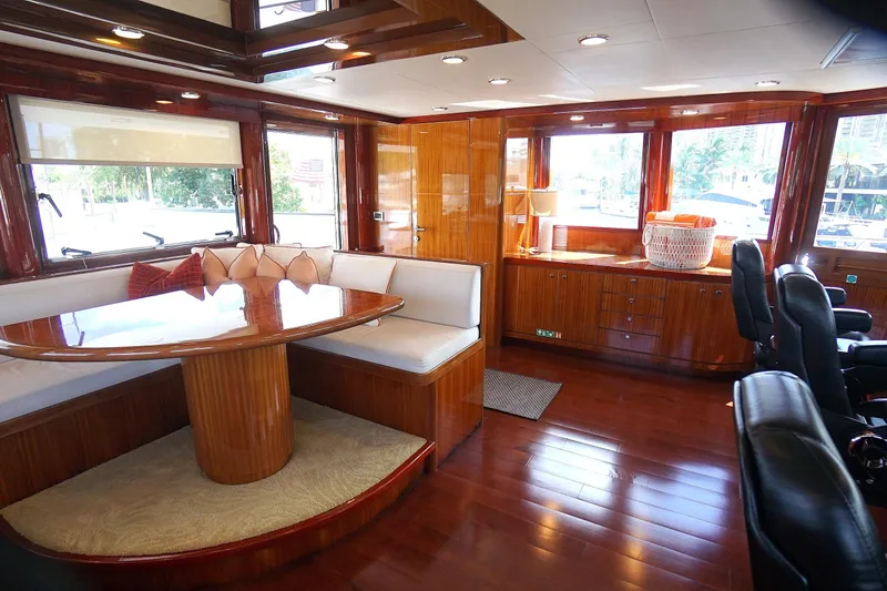 Robin's Nest Yacht Photos Pics Luxurious interior of 2008 Ocean Alexander 100 Skylounge Megayacht with elegant wood finishes.