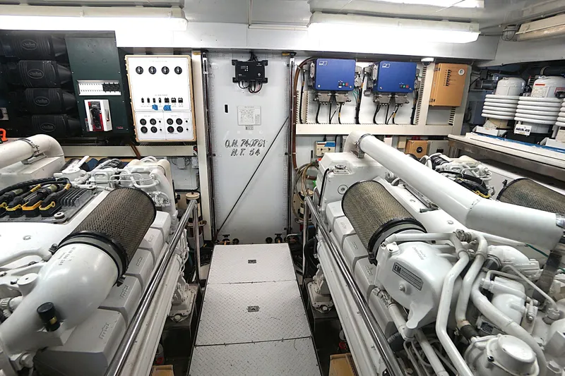 Robin's Nest Yacht Photos Pics Engine room of 2008 Ocean Alexander 100 Skylounge Megayacht, featuring advanced machinery and controls.