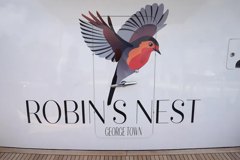 Robin's Nest Yacht Photos Pics "Robin's Nest" logo on Ocean Alexander 100 Skylounge Megayacht, 2008 model.