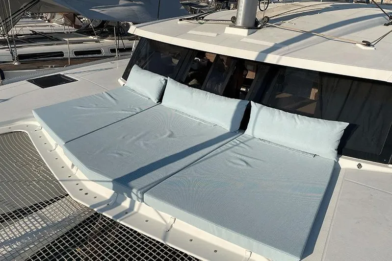  Yacht Photos Pics Fountaine Pajot Lucia 40 catamaran, 2018 model, featuring spacious deck sunbeds.