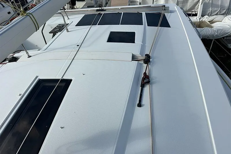  Yacht Photos Pics 2018 Fountaine Pajot Lucia 40 catamaran deck with rigging and hatches.