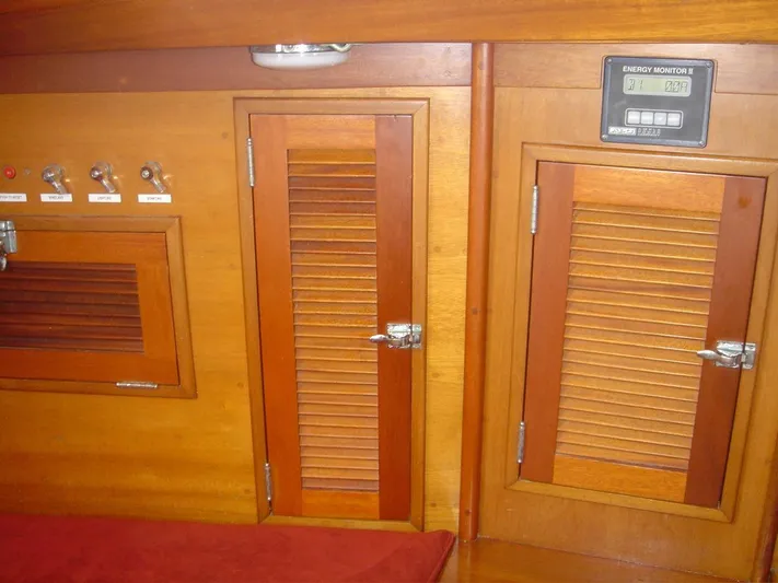 Courage Yacht Photos Pics 1980 Hinckley 43 interior with wooden cabinets and energy monitor.