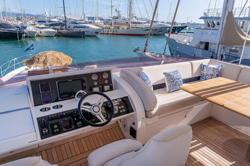  Yacht Photos Pics Luxurious 2014 Princess 72 Motor Yacht interior with helm, seating, and marina view.