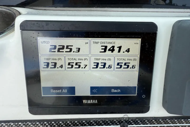  Yacht Photos Pics Yamaha display showing fuel usage and trip data on 2022 Tidewater 280 CC Adventure.