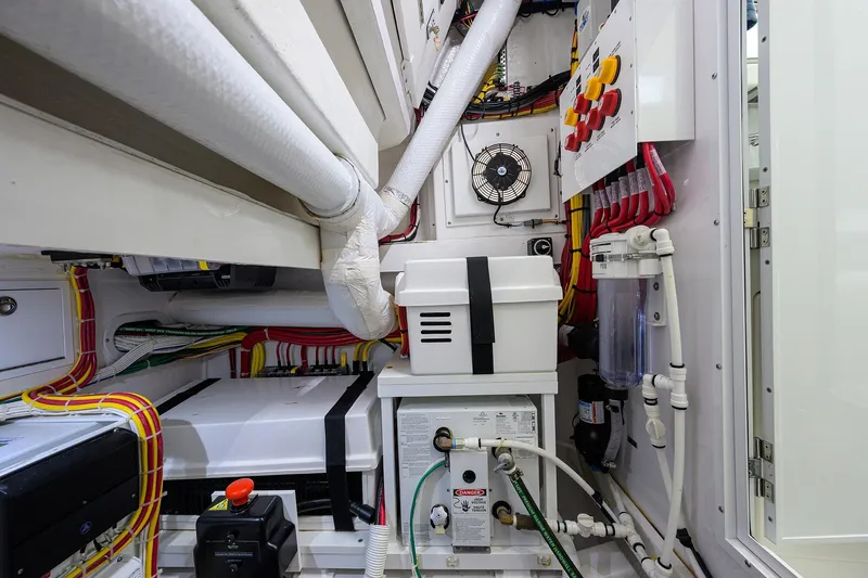 Patriot Yacht Photos Pics Engine room of 2023 Valhalla Boatworks vessel with wiring and equipment.