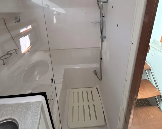  Yacht Photos Pics 2014 Back Cove Downeast 37 yacht bathroom with shower and sink.