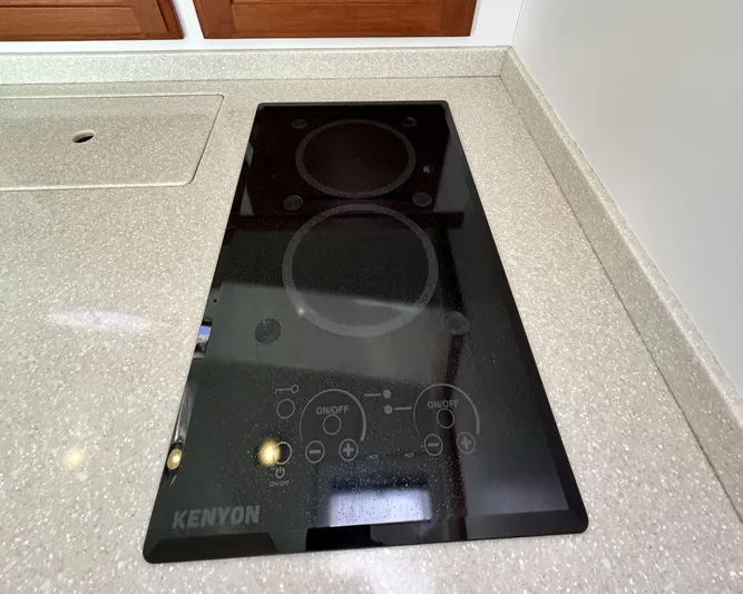  Yacht Photos Pics Kenyon electric cooktop on 2014 Back Cove Downeast 37 yacht kitchen counter.