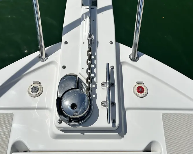  Yacht Photos Pics Bow of 2014 Back Cove Downeast 37 with anchor chain and cleat.