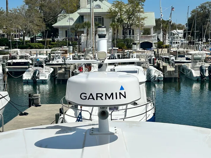  Yacht Photos Pics 2014 Back Cove Downeast 37 with Garmin radar at a marina.