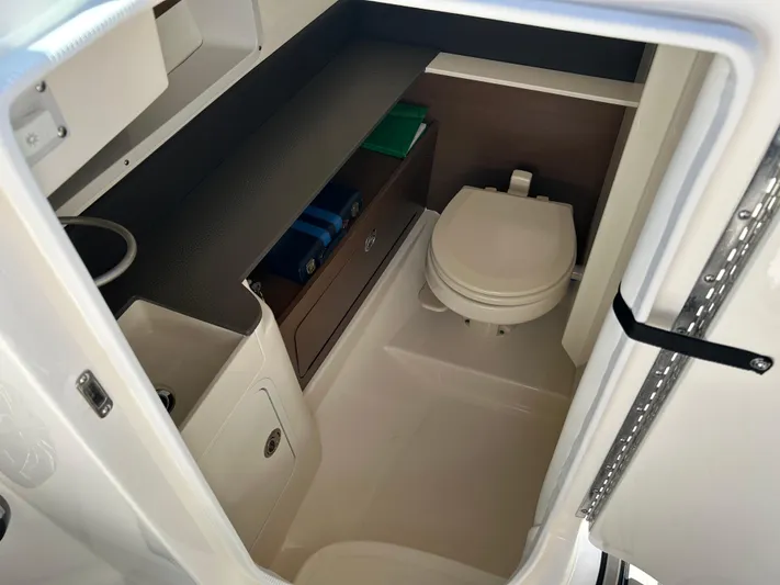 2022 Sea Ray 290 Sdx @ Cancun Yacht Photos Pics 2022 Sea Ray SDX 290 boat interior with compact bathroom and storage.