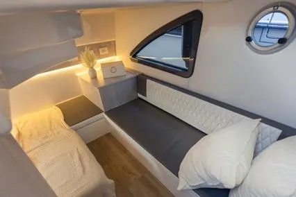  Yacht Photos Pics Luxurious interior of 2025 Hanover 387 Classic Luxury Edition yacht cabin with modern furnishings.