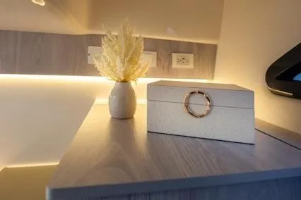  Yacht Photos Pics 2025 Hanover 387 Classic Luxury Edition interior with elegant decor and ambient lighting.