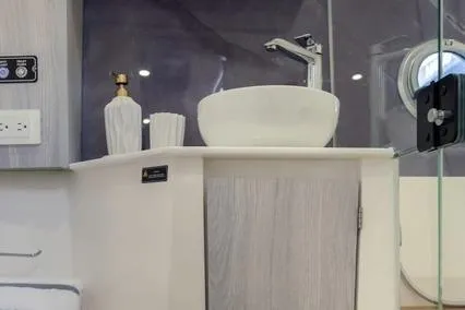  Yacht Photos Pics Luxurious bathroom interior of 2025 Hanover 387 Classic Luxury Edition yacht.