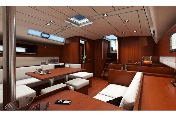 Secret Location Yacht Photos Pics Luxurious interior of a 2014 Beneteau Oceanis 45 yacht with elegant wood finish.