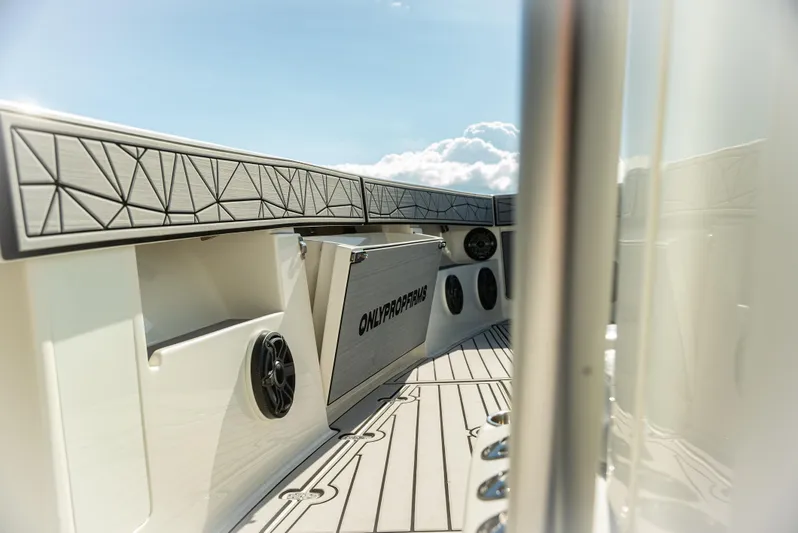  Yacht Photos Pics 2019 SeaVee 390Z boat interior with speakers and storage compartments.