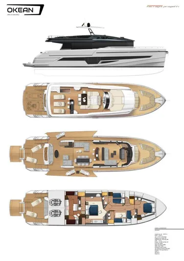  Yacht Photos Pics Blueprint of 2020 OKEAN 80 yacht, showcasing side view and detailed deck layouts.