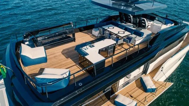  Yacht Photos Pics Luxurious 2020 OKEAN 80 yacht with spacious deck and modern amenities on open water.