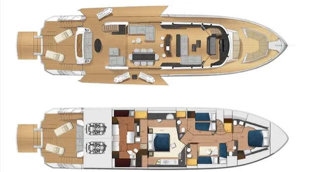  Yacht Photos Pics Floor plan of 2020 OKEAN 80 yacht, showcasing upper and lower deck layouts.