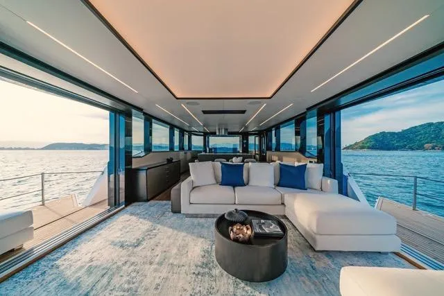  Yacht Photos Pics Luxurious interior of 2020 OKEAN 80 yacht with panoramic ocean views.