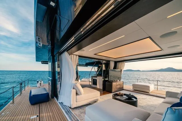 Yacht Photos Pics Luxurious 2020 OKEAN 80 yacht interior with ocean view, featuring elegant seating and modern design.