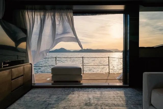  Yacht Photos Pics Luxurious OKEAN 80 yacht interior with ocean view at sunset, 2020 model.