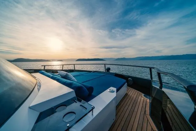  Yacht Photos Pics Luxury OKEAN 80 yacht deck at sunset, 2020 model, with ocean view.