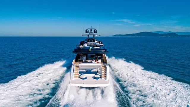  Yacht Photos Pics Luxury OKEAN 80 yacht cruising on open sea, 2020 model.