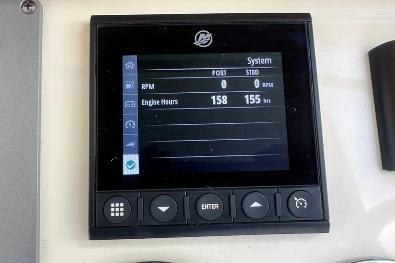  Yacht Photos Pics Display panel of 2023 Chris-Craft Calypso 30 showing engine hours and RPM.