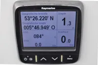 Raymarine navigation display showing coordinates and depth on Puffin 30 Sloop, 2012 model.